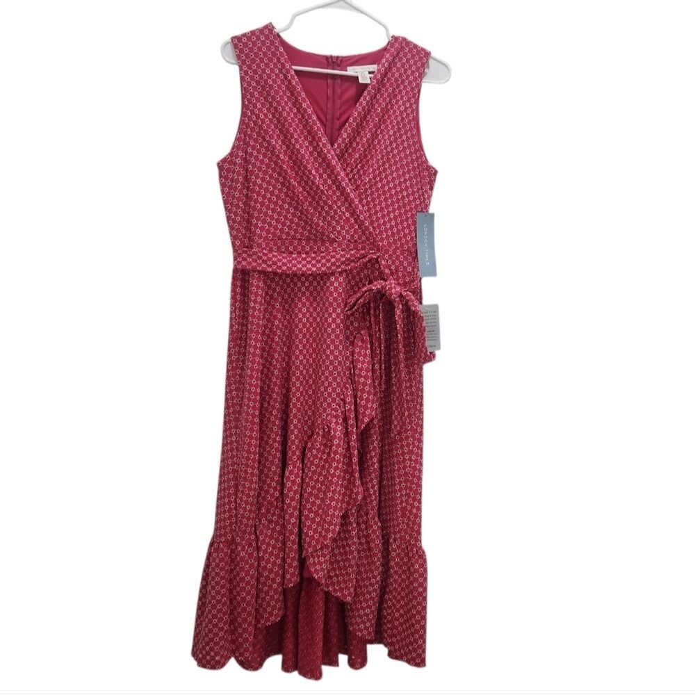 London Times 8 Hot Pink Eyelet Lace Faux Wrap Belted Hi Low Midi Dress NWT